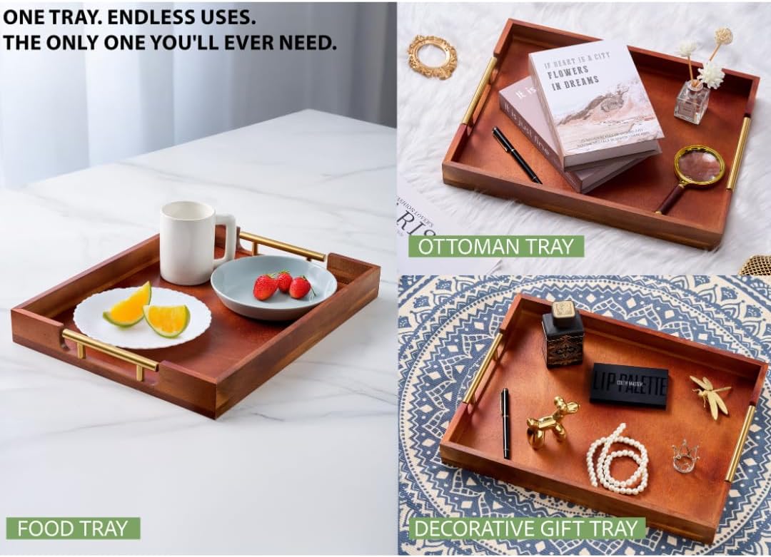 Premium Acacia Wood Ottoman Tray, 17x13 inches Large Serving Tray, Decorative Coffee Table Tray with Metal Handles, Ideal for Breakfast in Bed, Appetizers, Kitchen & Living Room Decor