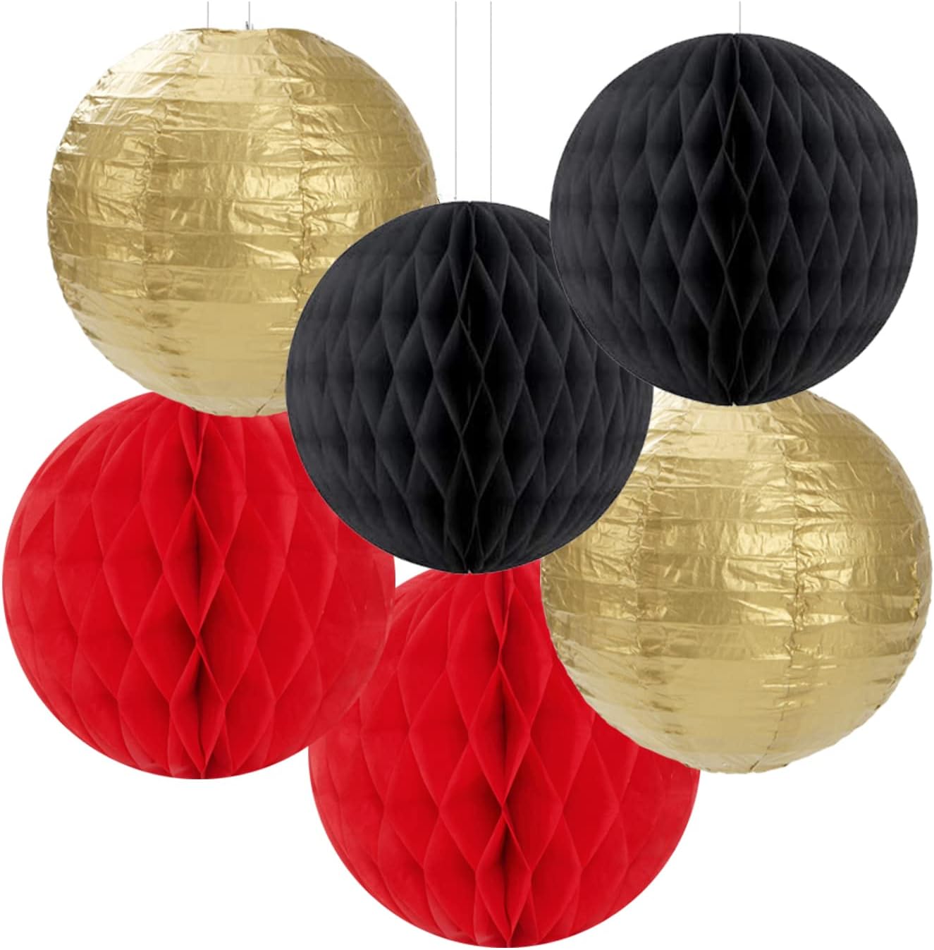 Red-Black Gold Party Decorations Streamers Lanterns - 14pcs Casino-Theme Graduation 2025 Paper Fan,Game Night Wedding Birthday Baby Bridal Shower Tissue Pom Poms,Honeycomb Balls Decor Ouruola