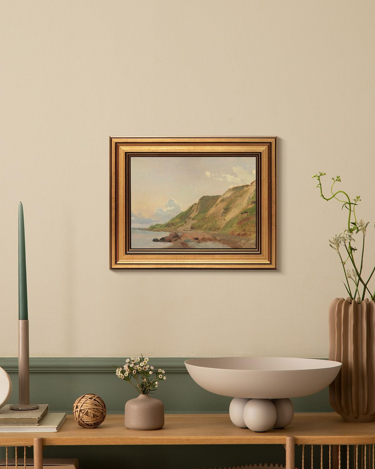 HUARCEY Gold Framed Vintage Wall Art for Living Room Canvas Coastal Wall Pictures Classic Landscape Painting Shelf Decor Natural Aesthetic Room Decoration Elegant Artwork Print for Bathroom, Bedroom