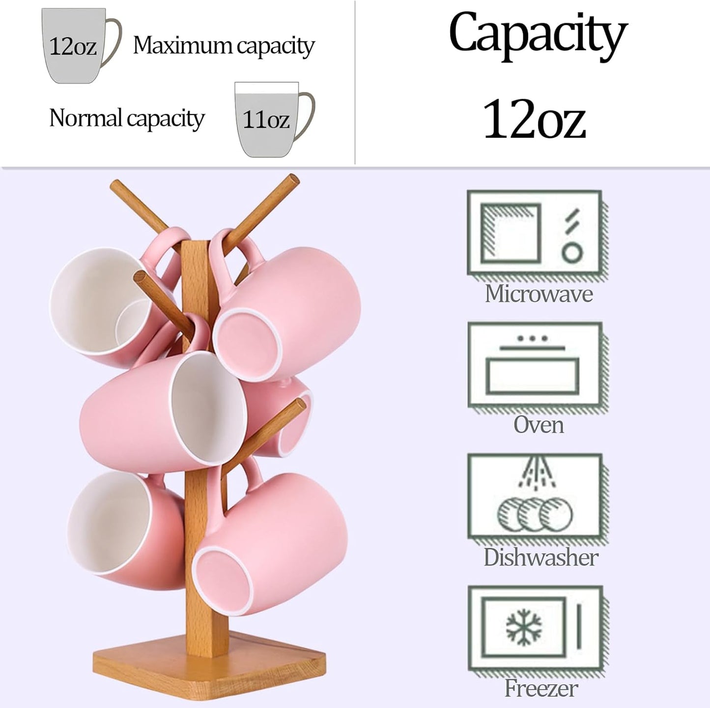 Coffee Mugs Set of 6, 12oz Ceramic Coffee Mugs with Handle, Matte Porcelain Pink Coffee Mug for Latte, Tea, Cocoa, Cappuccino, Cups for Women Men for Home Restaurant Mug (Pink)
