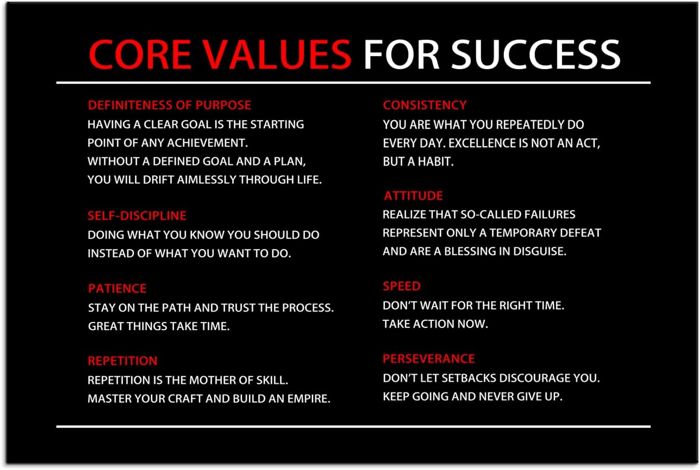 Inspirational Wall Art Core Values Quote Motivational Poster Inspiring Canvas Painting Prints Wall Pictures for Living Room Home Decor Framed Artwork [12''W x 18''H]