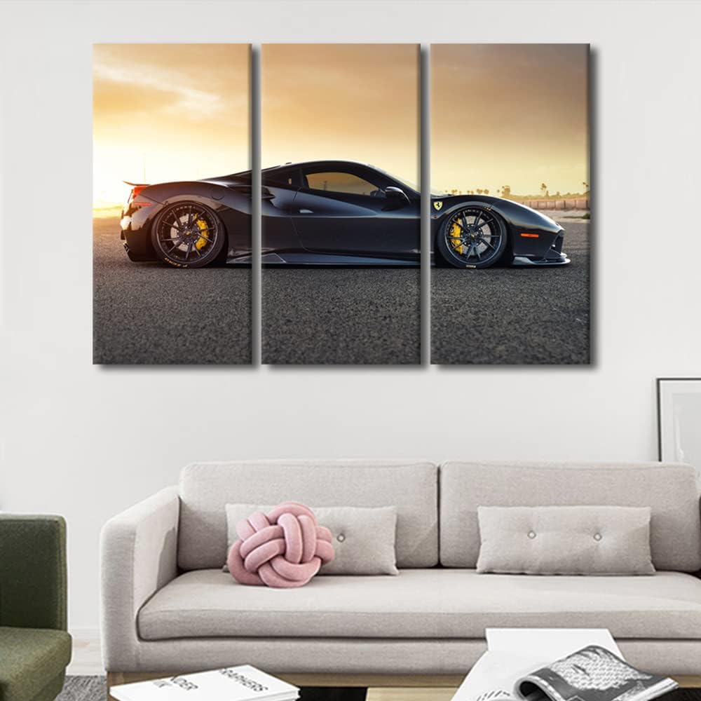 Canvas Wall Art for Boys Bedroom Black Sports Car at Sunset Wall Paintings for Living Room Supercar Office Modern Wall Art Speed Car Pictures Print On Canvas Giclee Framed Ready to Hang, 42"Wx28"H