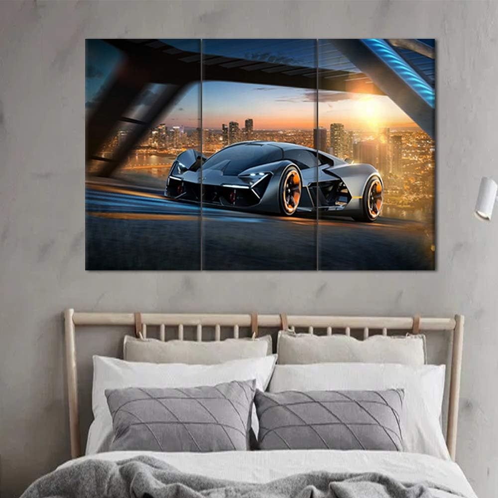 Bedroom Pictures Wall Decor Gloomy Landscape Painting Sports Car Artwork Giclee Multi Panel Print on Canvas Wall Art Modern House Decor Framed Gallery-Wrapped Ready to Hang - 12 x 24 inch x 3 Pieces