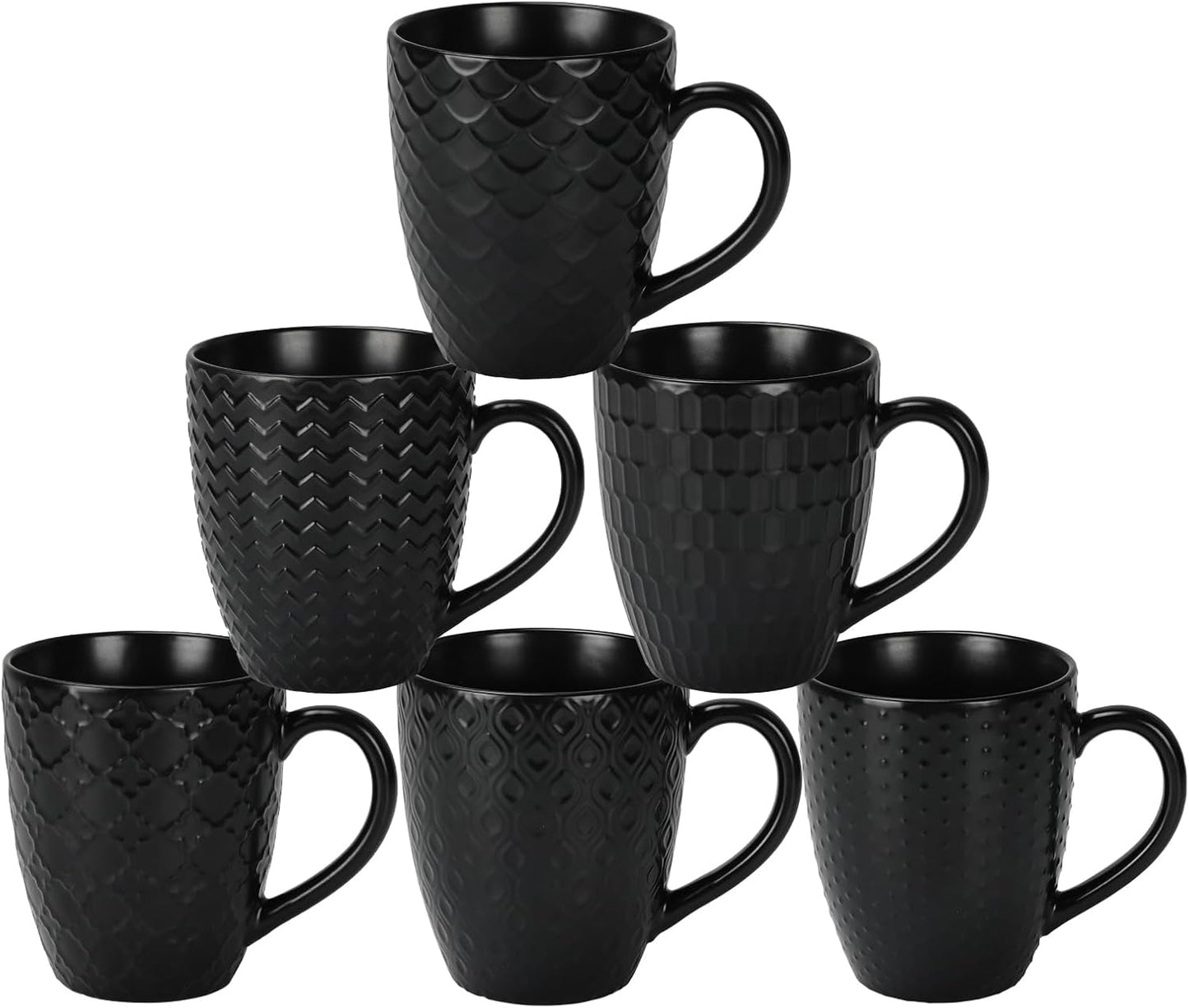 16 OZ Bone Coffee Mugs Set of 6 Matte Black, Large Ceramic Coffee Mugs Set with Different Texture Patterns, Porcelain Cups with Handle for Espresso Latte Tea Milk