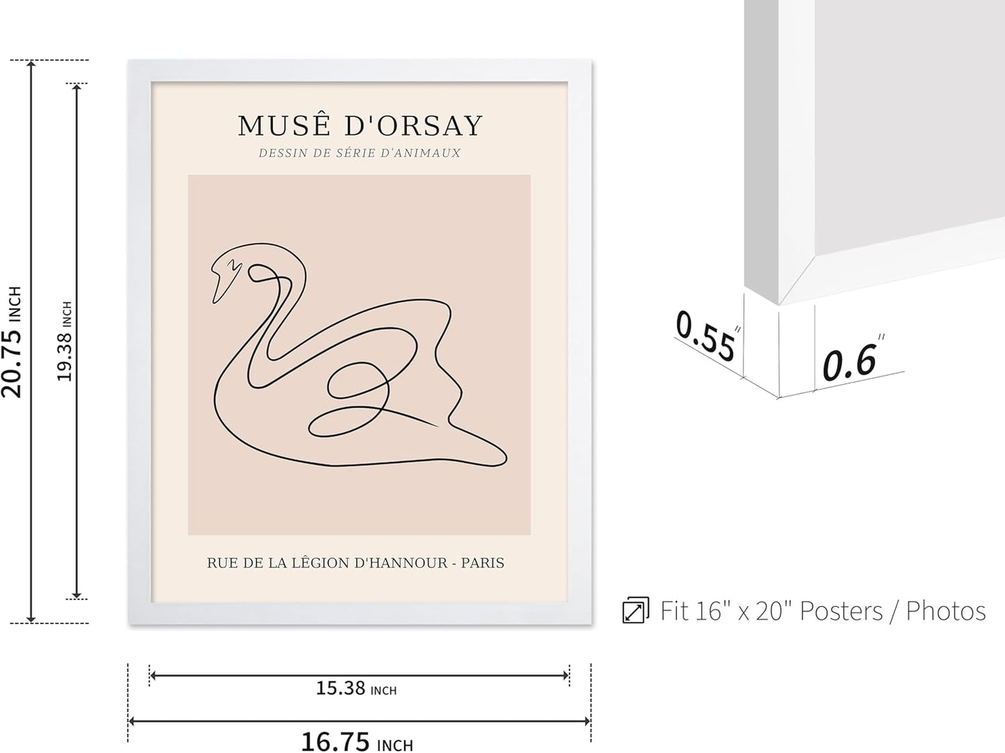 Poster Master Vintage Poster - Retro One Line Swan Drawing Print - Swan Art - Bird Art - Minimal Gift for Her, Animal Lover - Abstract Decor for Home, Office, Bedroom, 16x20 White Framed