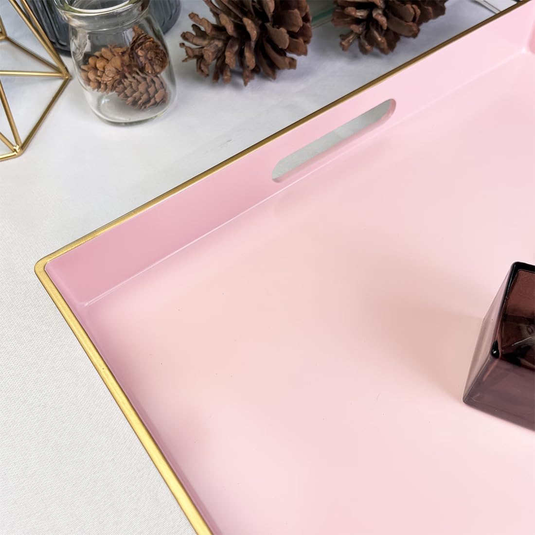 Pink Decorative Tray, Square Serving Tray with Handles, Plastic Coffee Table Tray for Ottoman, Living Room, Kitchen Tabletop, 13"x13"x1.6"