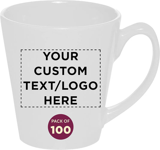 DISCOUNT PROMOS Custom Glossy Ceramic Latte Coffee Mug 12 oz. Set of 100, Personalized Bulk Pack - Perfect for Tea, Espresso, Cappuccino, Hot Cocoa - White