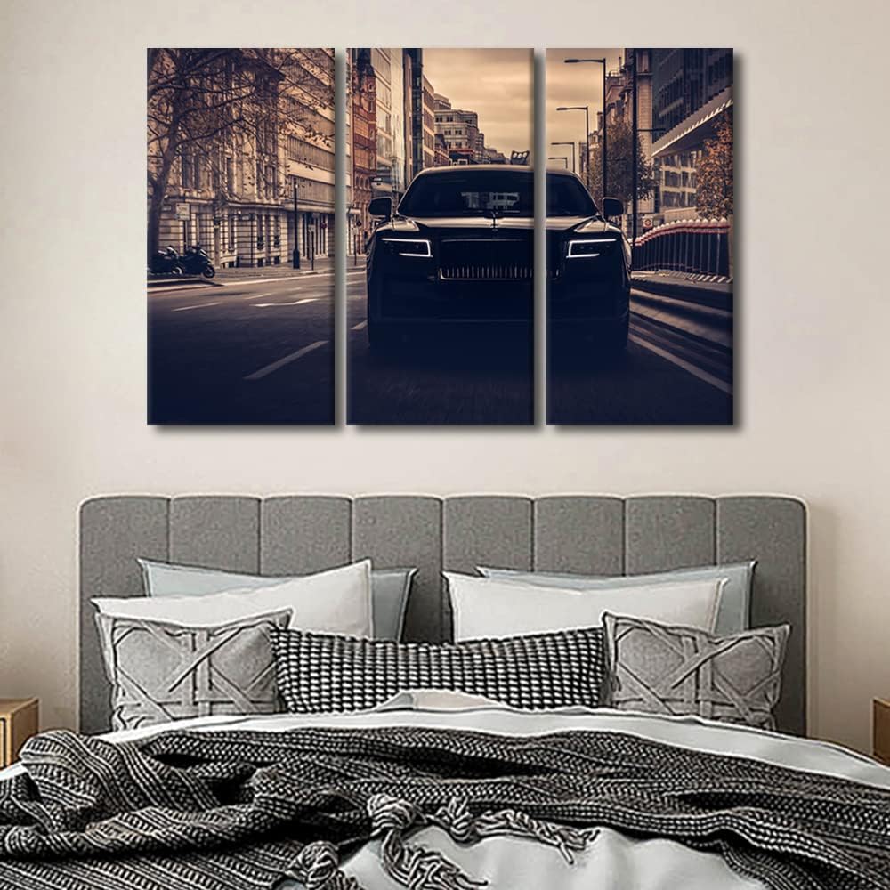 TUMOVO Canvas Wall Art for Bedroom Black Speedy Car on the Street Living Room Retro Decor 3 Panels Rustic Modern Artwork Home Walls Giclee Framed Ready to Hang 42inch Wx28 H, 28 x 14 inch