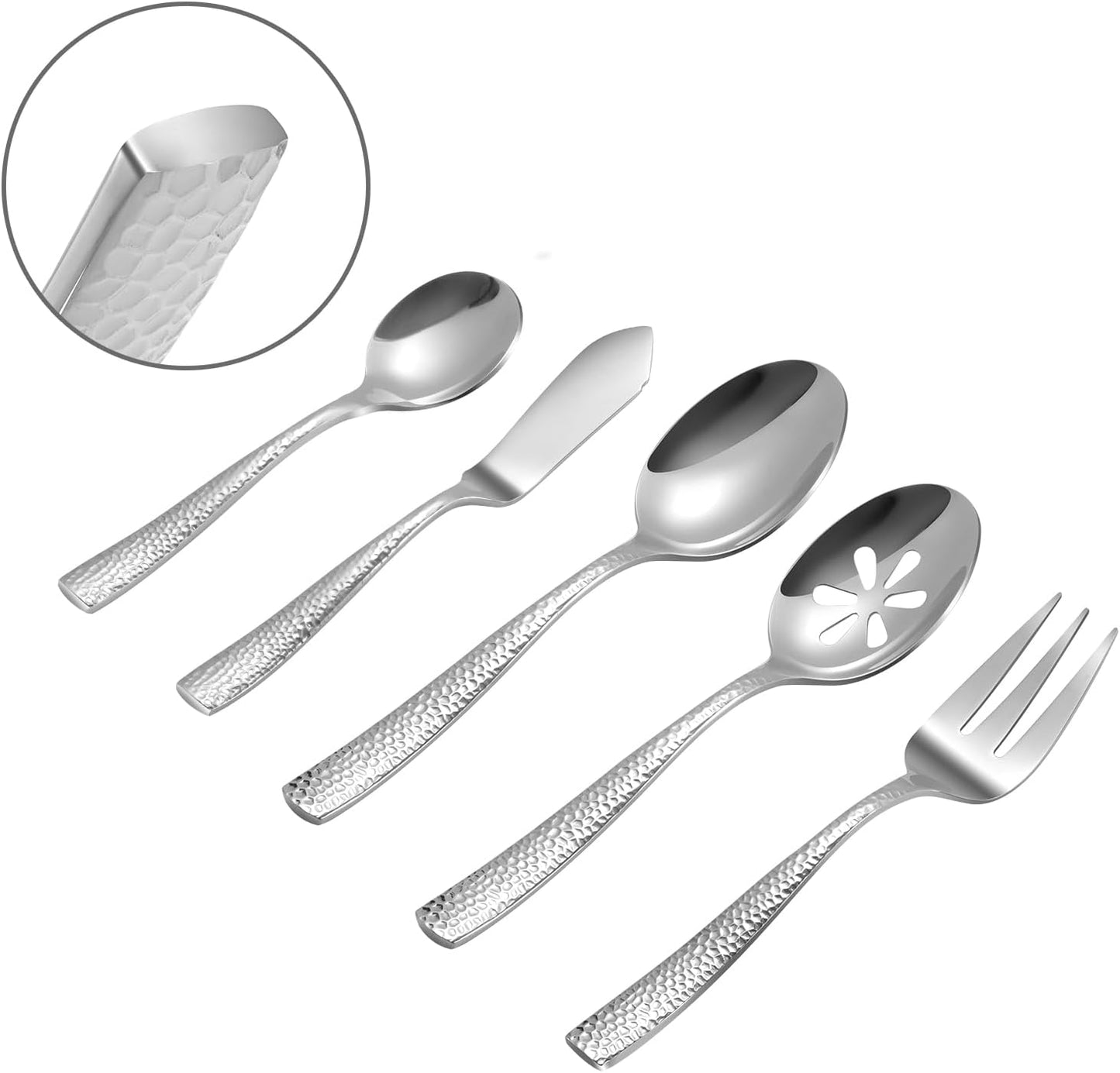 Silverware 45-Piece Silver Hammered Flatware Set with Serving Utensils Stainless Steel Thick Handle Mirror Polished Cutlery Set for Wedding Hotel Restaurant, Service for 8