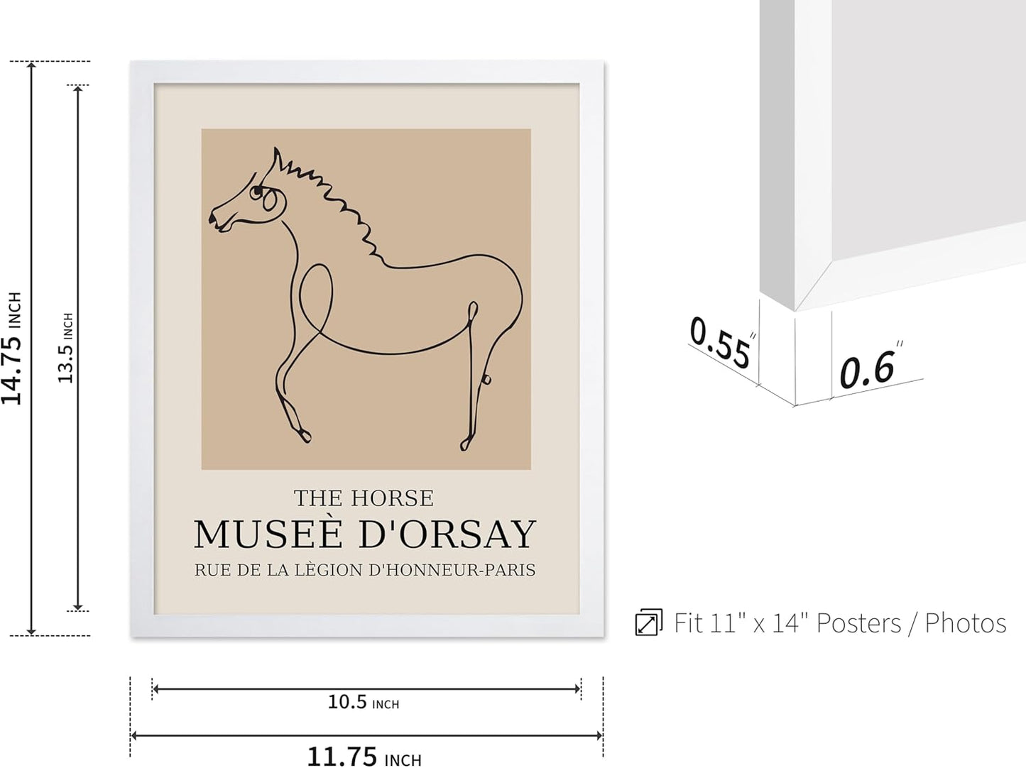 Poster Master Vintage Poster - Retro Minimalist Print - Gift for Artist, Friend - Horse, Line Drawing, Sketch, Abstract - Wall Decor for Living Room, Bedroom, 11x14 White Framed