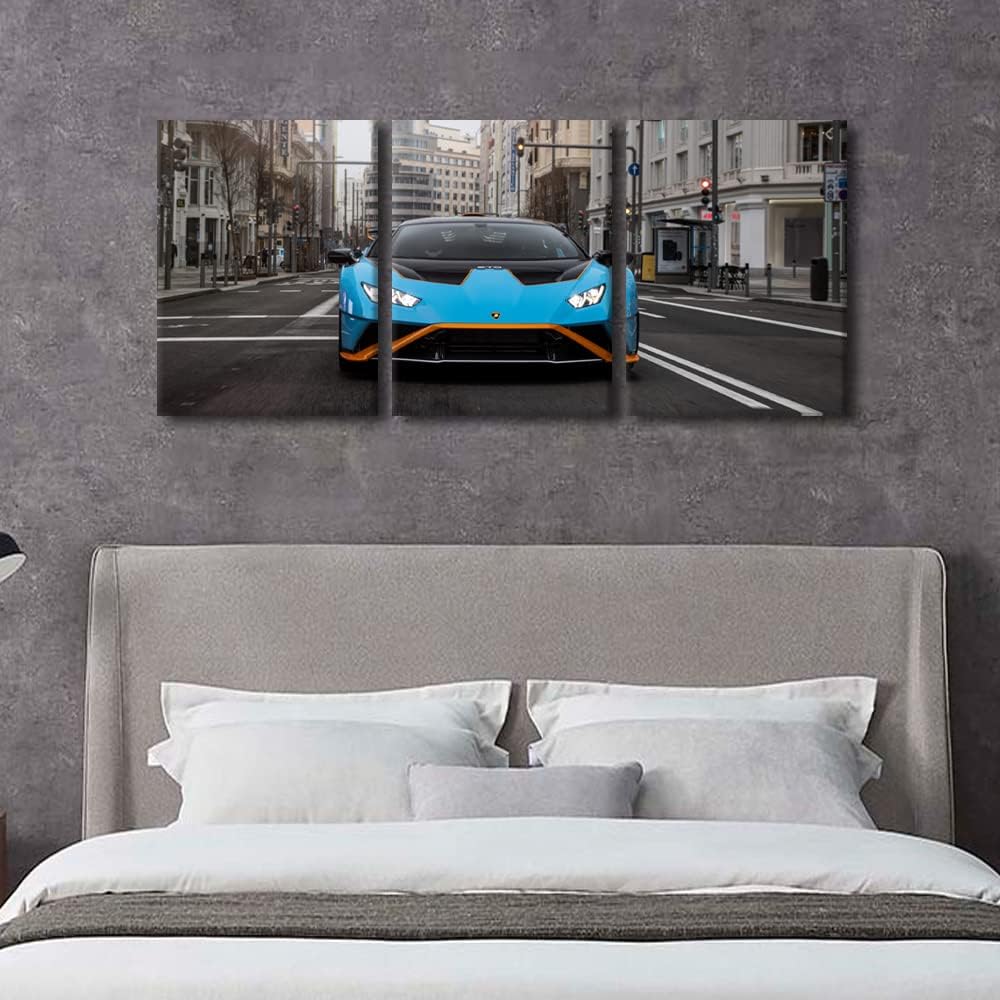 TUMOVO Canvas Wall Art for Bedroom Blue Sports Car Wall Paintings for Living Room Speedy Racing Car Office Modern Wall Art Super Car Pictures Print On Canvas Giclee Framed Ready to Hang, 36" Wx16 H