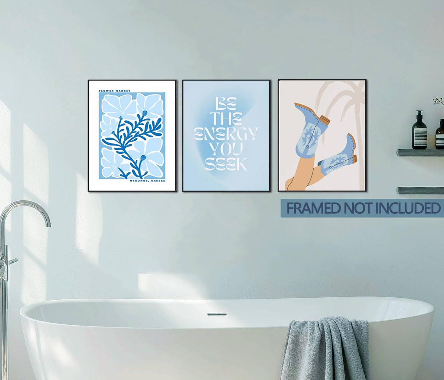 Blue Preppy Canvas Wall Art Posters Set of 3 Trendy Cowgirl Boots Home Decor Flower Market Painting Prints Coastal Aesthetic Picture for Girls Bedroom Bathroom Living Room Dorm 16x24Inch Unframed