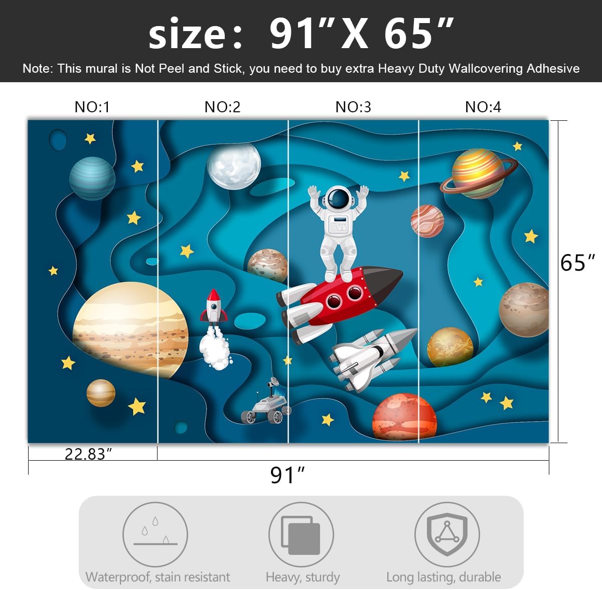 -Kindergarten Children Galactic Planet Fabric Wallpaper Living Room Bedroom Boys Girls Children Cartoon Astronauts Large Mural- 91"x65"（ not Peel and Stick）