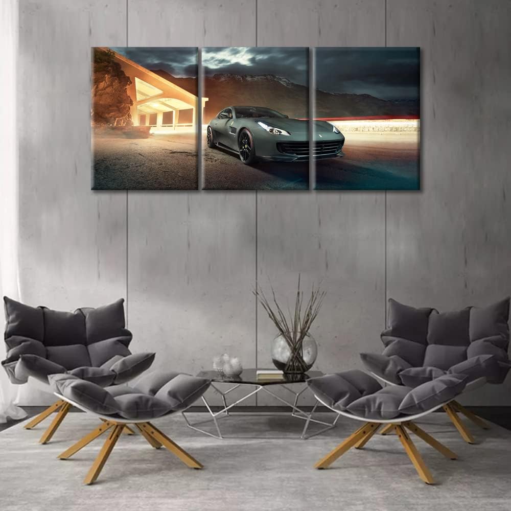 TUMOVO Sports Car Modern Wall Art Cool Gray Supercar Hypercar Abstract Picture Contemporary Artwork Print On Canvas 3 Pieces Bedroom Wall Art Pictures for Living Room Framed Ready to Hang, 36" Wx16 H