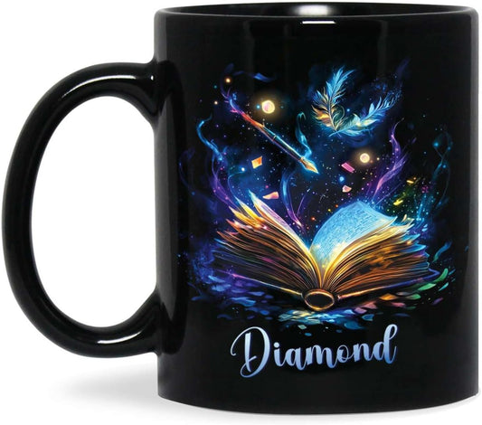Personalized Sparkling Book Coffee Mug, Custom Name Enchanted Book Design Cup, Customized Fantasy Inspired Ceramic Mug, Gift For Women Men, Book Enthusiasts Black Cup 11oz Or 15oz