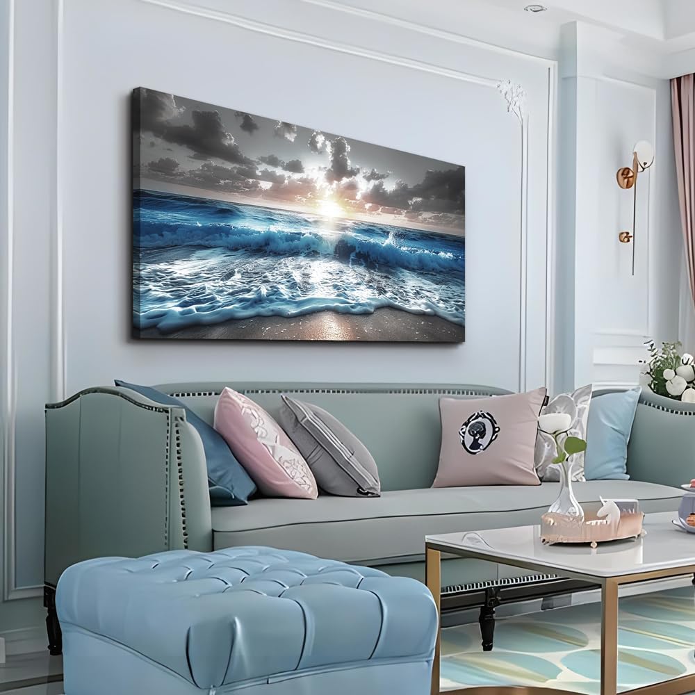 hyidecorart Large Wall Art For Living Room Modern Wall Decor For Office Blue Beach Painting Sea Waves Sunshine Wall Pictures Bedroom Home Decoration Prints Posters Mural Artwork Ready To Hang 60x30