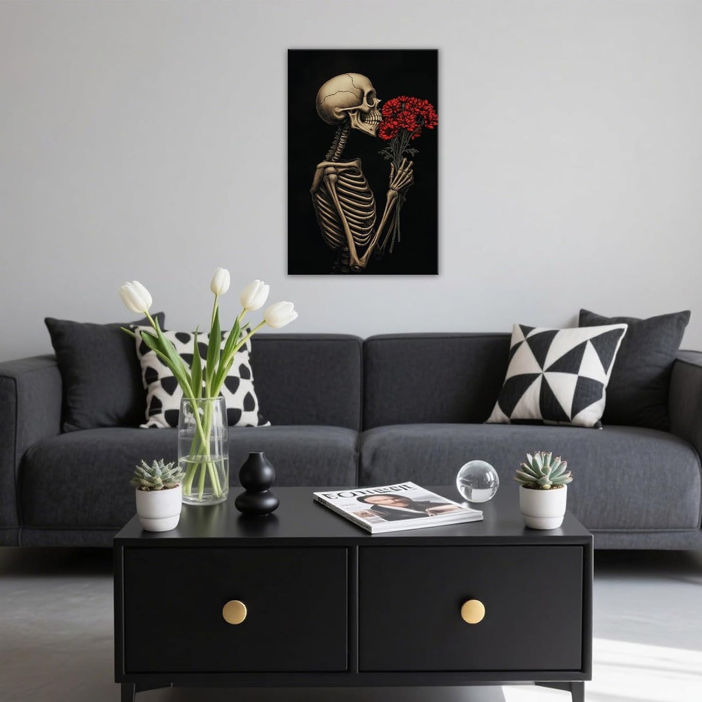 OAAPITI Red Rose Skull Wall Art Dark Themed Skeleton Painting Modern Artwork for Gothic Home Decor(Artwork-5,28"x42")