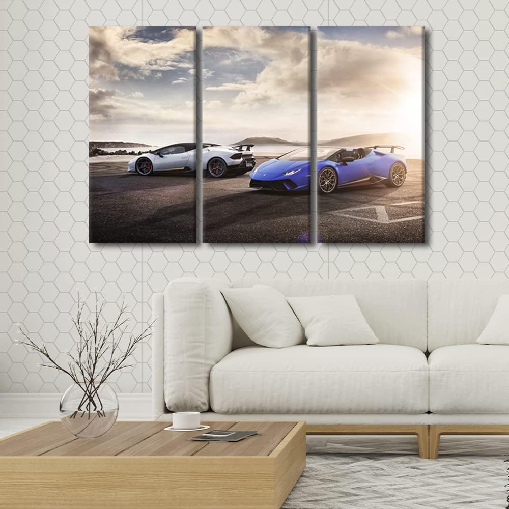 Canvas Prints Sports Car at Sunset Skyline Wall Art Modern Home Decor Seaside Super Car Poster Living Room 3 Pieces Men Boys Bedroom Decoration Artwork Painting Framed Ready to Hang, 36"Wx24"H