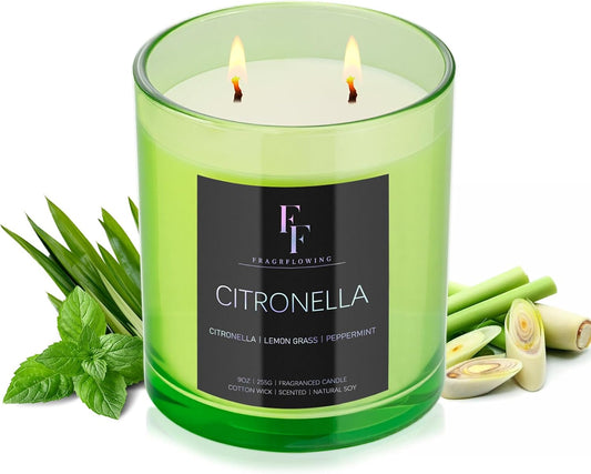 Citronella Candles Outdoor, 2-Wick Outdoor Indoor Scented Candle, Jar Candles for Home Scented, Long Lasting Natural Soy Candle, Summer Scents of Citronella/Lemon Grass/Peppermint, 9 oz