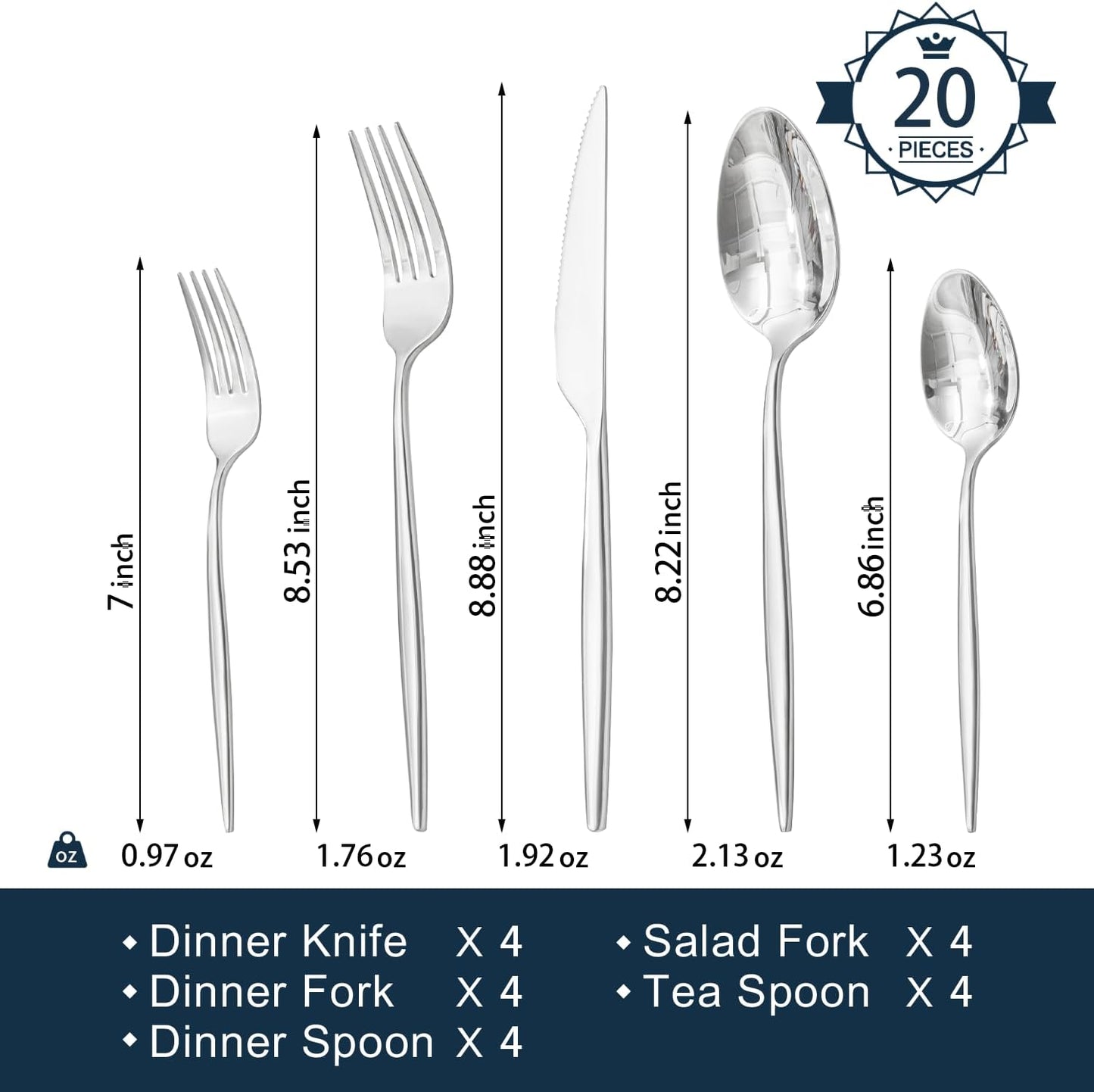 KINGSTONE Silverware Set, 20-Piece Flatware Set Cutlery Set Premium 18/10 Stainless Steel, Tableware Include Forks Knives Spoons for Home Kitchen Restaurant Wedding, Dishwasher Safe