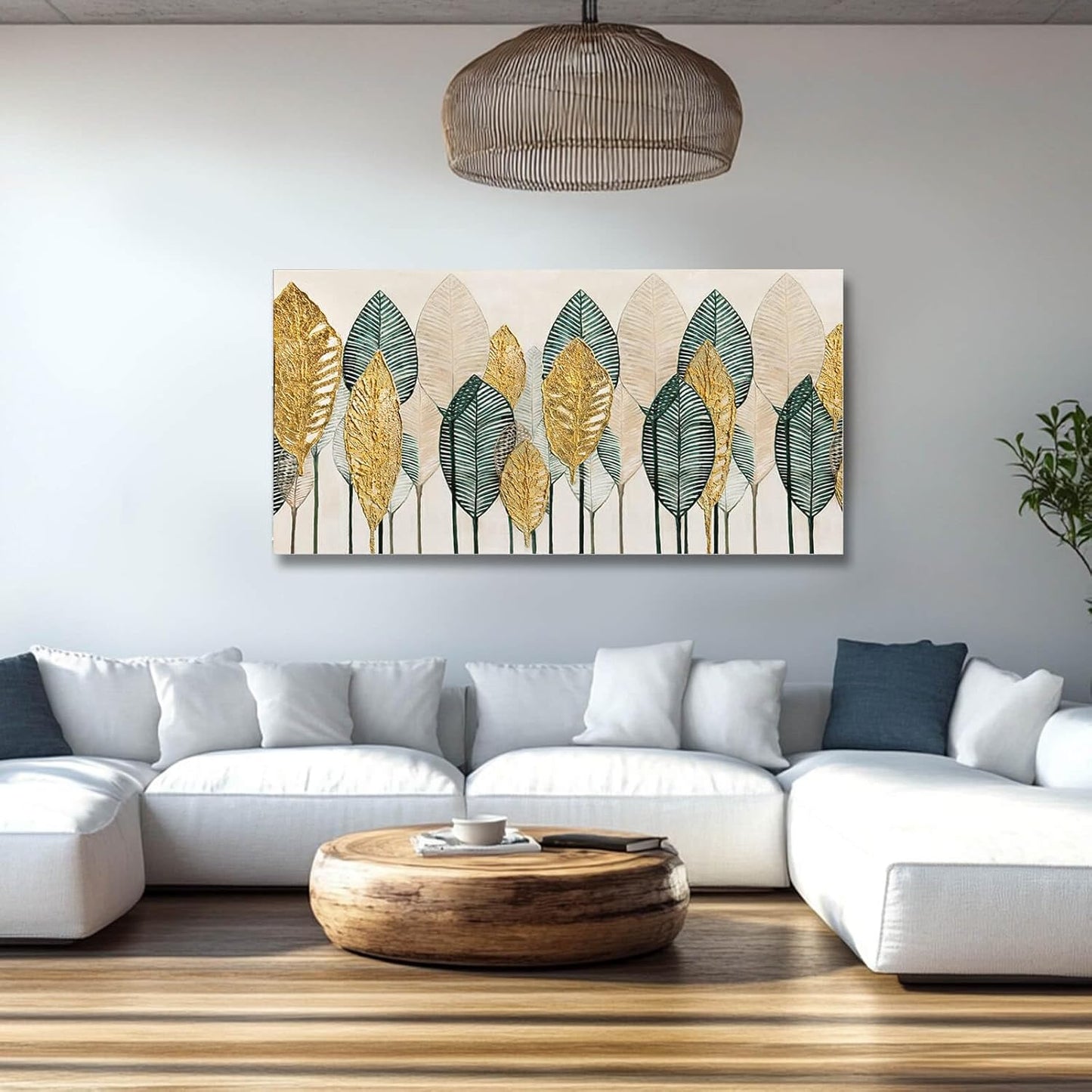 CHUDANHAO Green Wall Art Gold Wall Decor Leaves Prints Pictures Textured Bedroom Decor Line Painting Green Paintings Wall Decorations 24”x48” Artwork for Living Room Dining Room