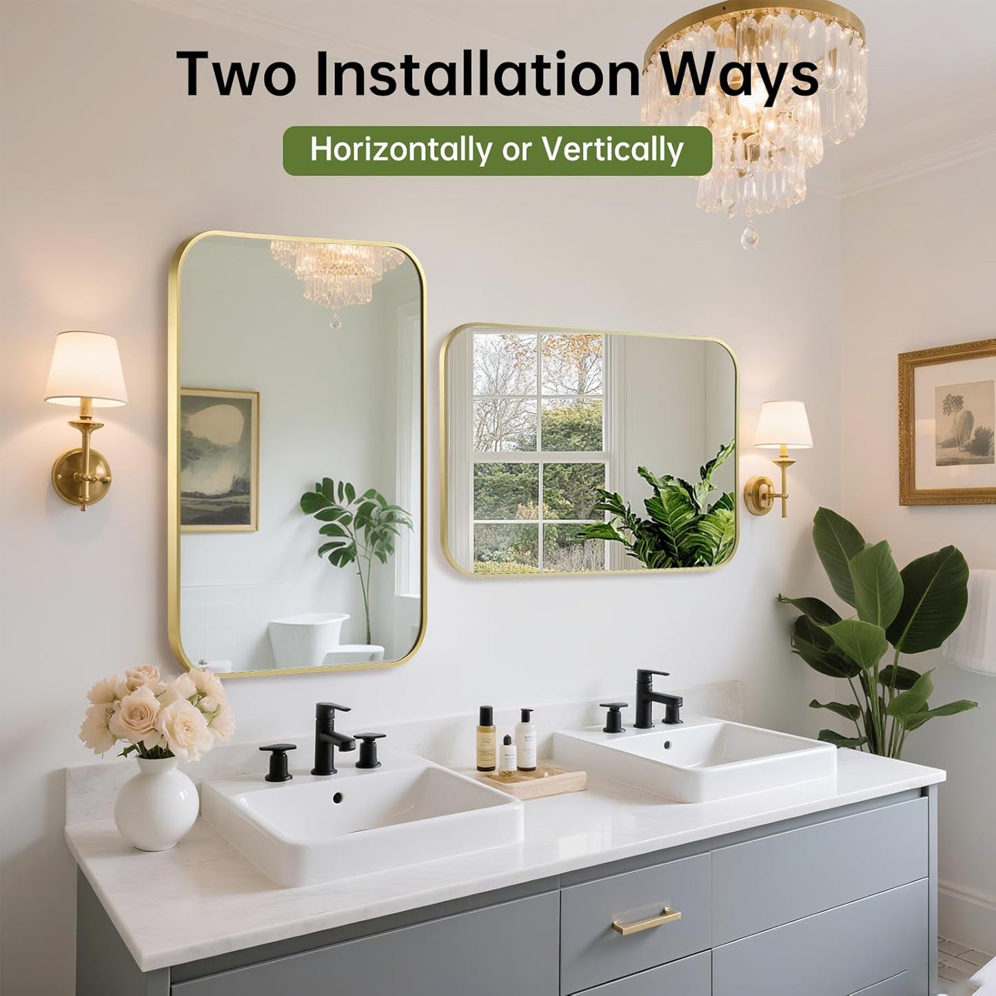 FARMER 16x20 Inch Gold Bathroom Mirror, Rectangle Vanity Mirror, Brushed Mirrors for Wall, Metal Frame Hanging Mirror with Round Corner for Bedrooms, Entryways, Living Rooms, Horizontal/Vertical