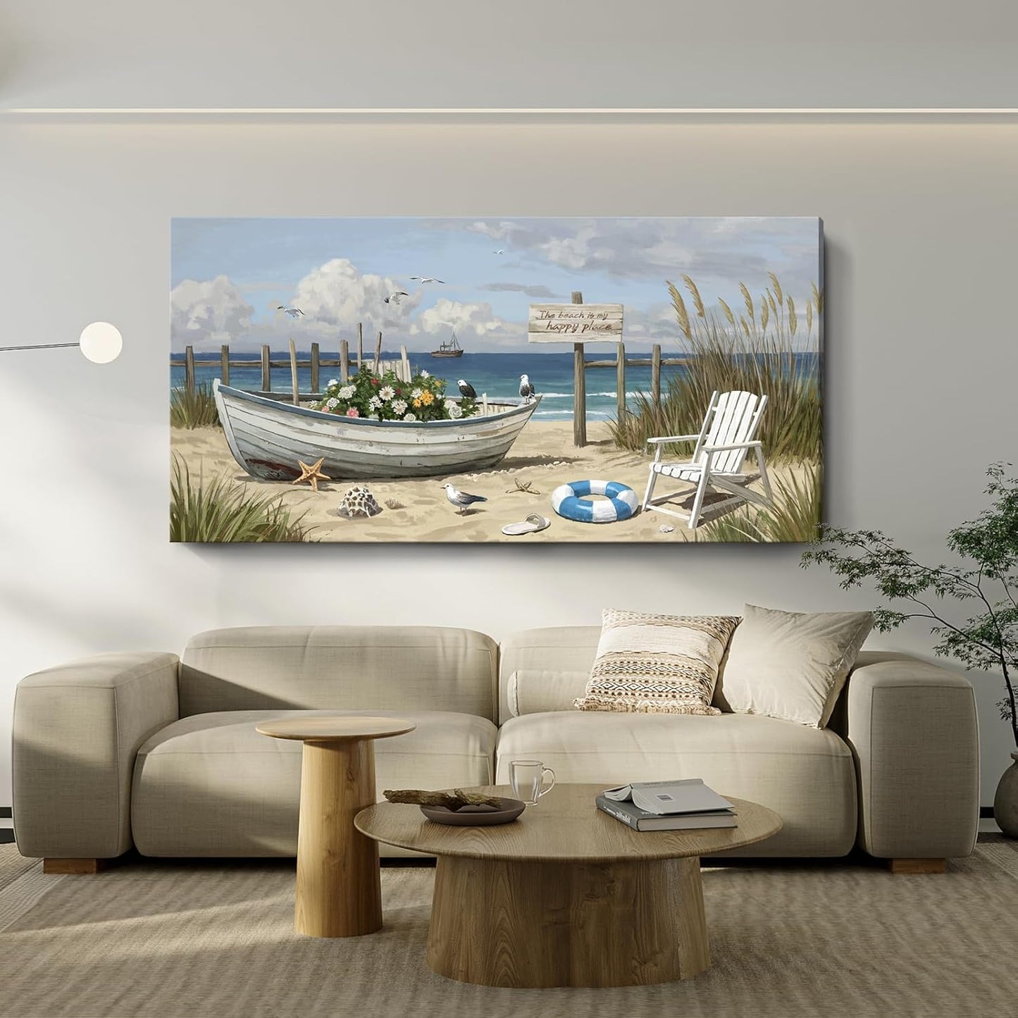 amatop Oversized Coastal Canvas Wall Art – Nautical Seaside Landscape Floral Boat on Sandy Beach Ocean Seabirds Horizontal Decor Large Wildflower Nature Artwork for Living Room Bedroom Office 58×29 Inch