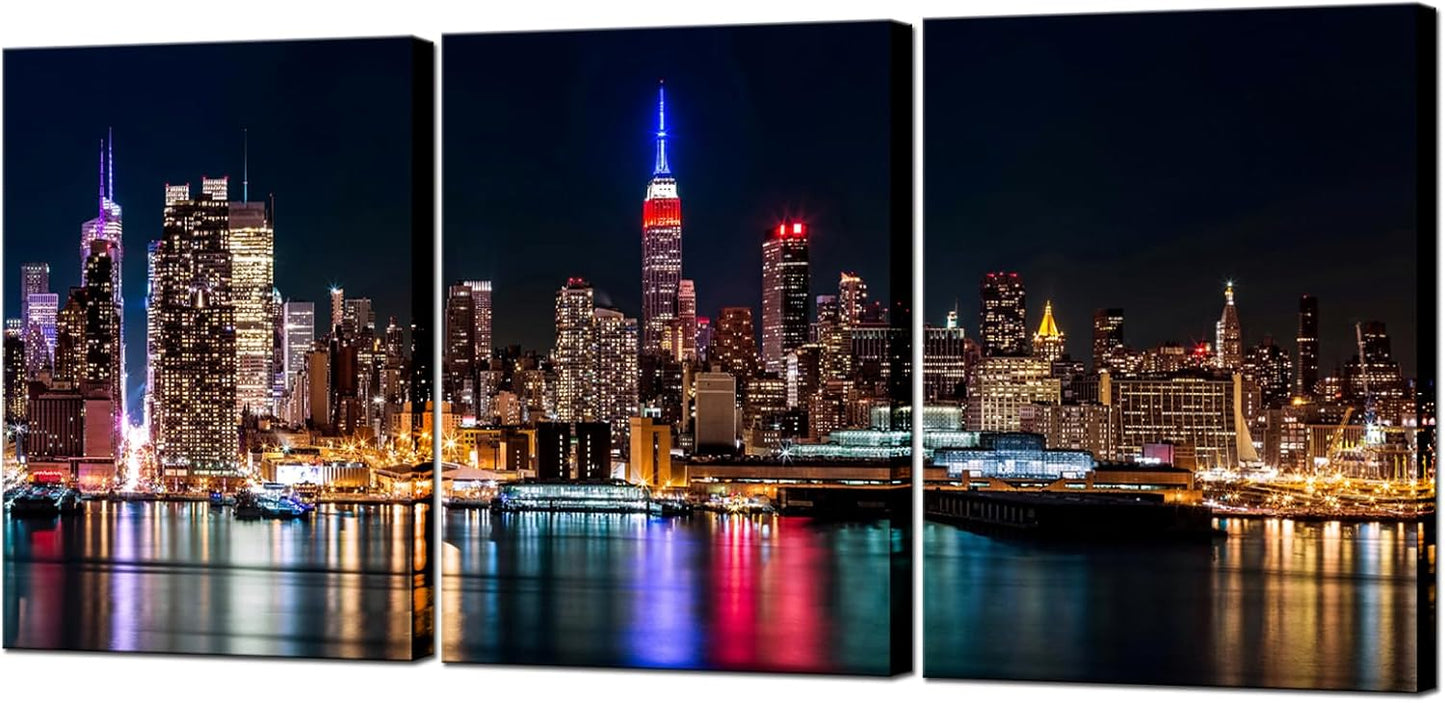 Biuteawal New York City Canvas Wall Art Manhattan Skyline Night View Picture Painting Modern Giclee Canvas Prints Home Office Living Room Wall Decoration