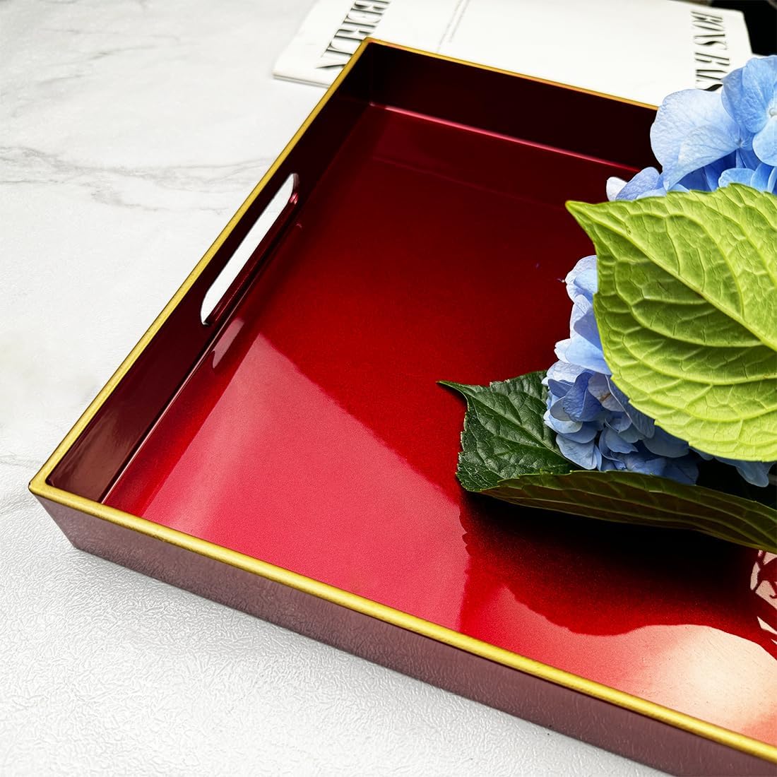 Large Red Decorative Tray, Serving Tray with Handles, Plastic Coffee Table Tray for Ottoman, Living Room, Bathroom, Decor. 15.7” x 11.8” x1.6”