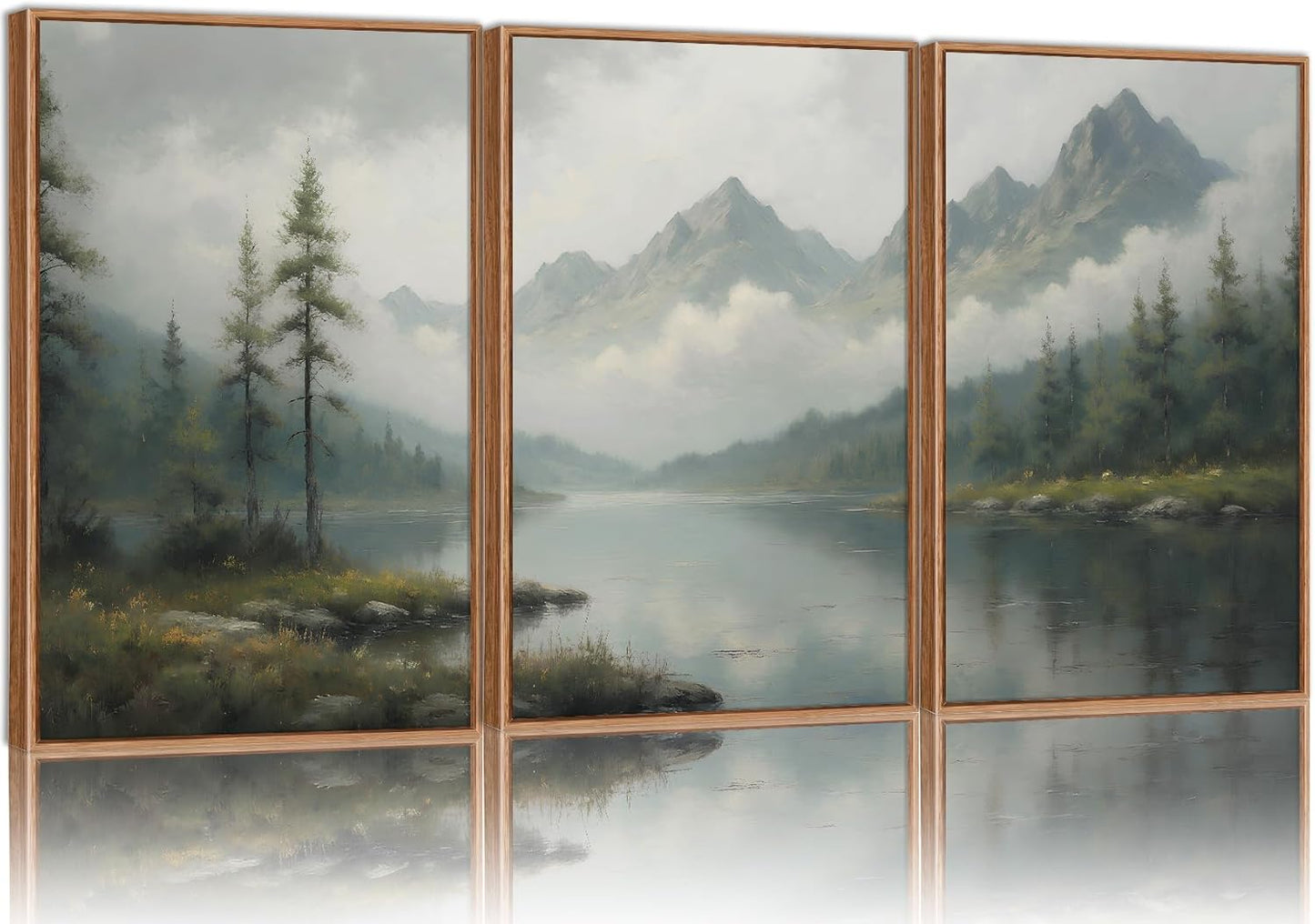SIGNINART Large Green Forest Framed Canvas Wall Art Set, Misty Mountain Lake Scenery Wall Decor, Modern Foggy Wood Landscape Artwork, Oil Printing Style Nature Art Print for Living Room, Bedroom, Office 16 x24 x3