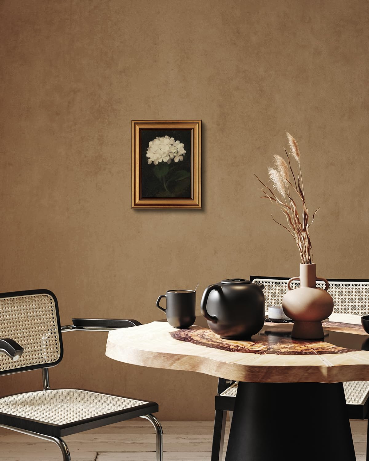 HUARCEY Gold Framed Vintage Wall Art for Living Room, Flowers Painting Canvas Prints Shelf Decor for Kitchen, Aesthetic Bedroom Wall Art, Christmas Gifts for Friends or Family (White Hydrangea 8"x10")