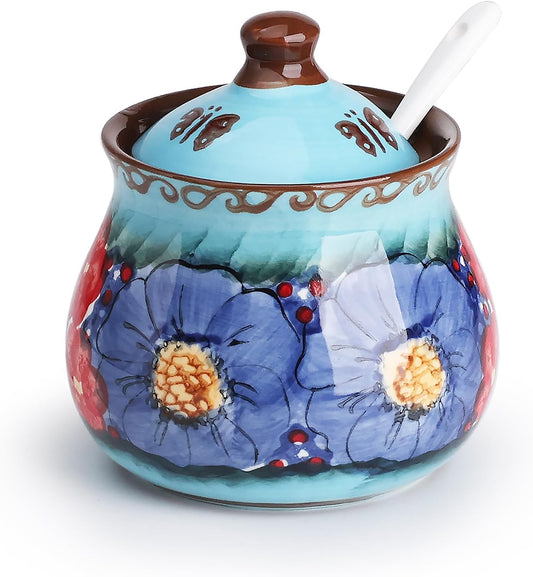 silesia Handmade Sugar Bowl with Lid and Spoon, 9 Ounce Ceramic Hand-Painted Sugar Jar for Home in Gift Box, Kitchen Decor, Oven, Dishwasher & Microwave Safe, Glazed Blue