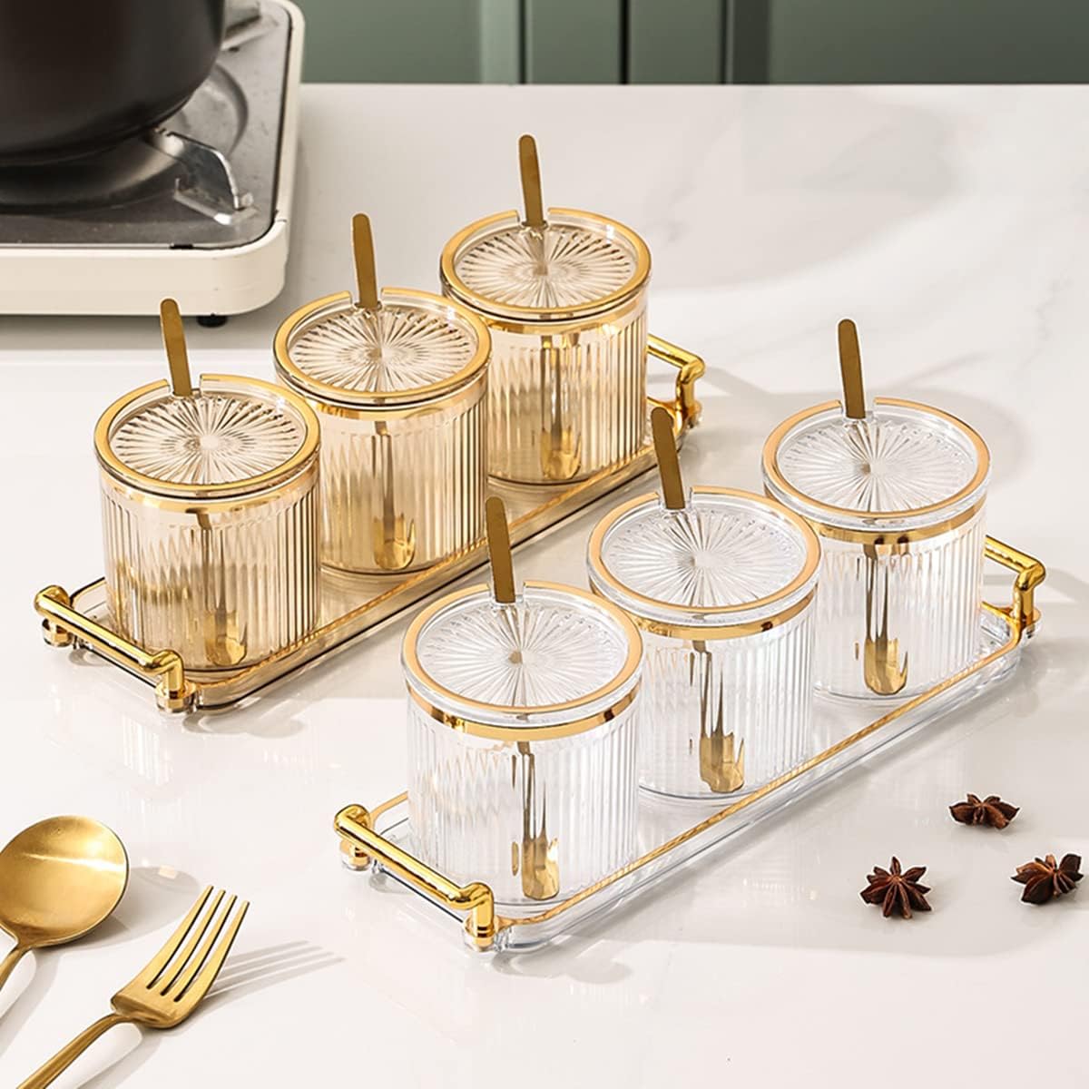 Acrylic Condiment Spice Jars,Condiment Spice Box With Lids and Spoons and Tray,Clear Plastic Condiment Canisters,Seasoning Box 6 Pack,Seasoning Box Set for Kitchen to Storage Salt,Paprika,Sugar