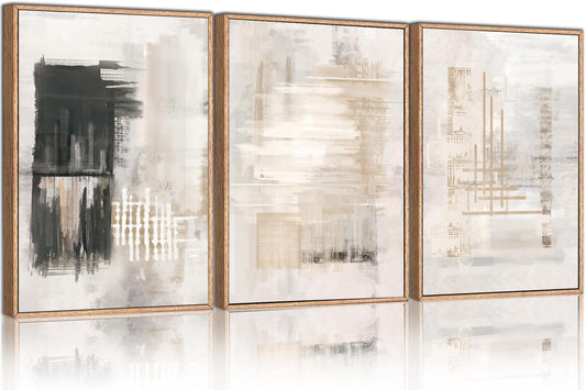HPINUB Modern Abstract Canvas Wall Art, Set of 3 Framed Art Prints, Black and White Large Wall Painting, 16x24inch Neutral Minimalist Wall Decor for Living Room, Bedroom, Dining Room, Office, Bathroom