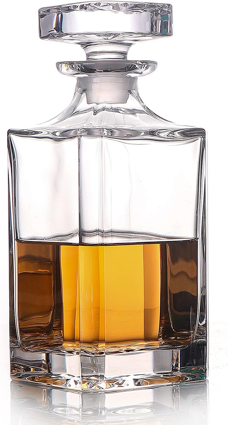 Glass Decanter with Airtight Geometric Stopper - Whiskey Decanter for Wine, Bourbon, Brandy, Liquor, Juice, Water, Mouthwash. Italian Lead-Free Glass (25.97 oz/768ml)
