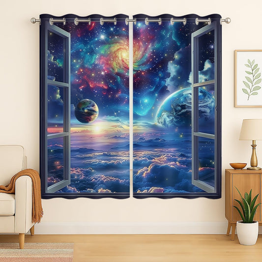 Space Galaxy Blackout Curtains for Girls Boys Kids Home Decor, Universe Nebula Galaxies Solar Planet Grommet Thermal Insulated Drapes Darkening Window Curtain for Bedroom Living Room, 72 x 63 Inch
