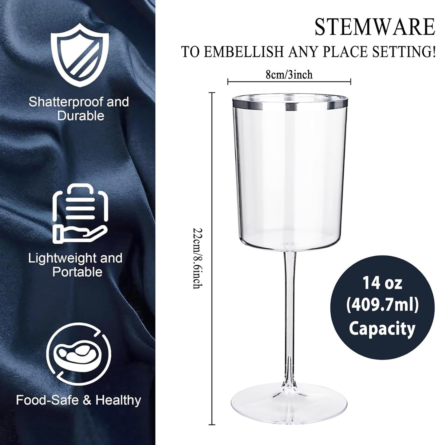 Ciaell 12 Pack Plastic Wine Glasses - 14 Oz Plastic Wine Glasses with Stem - Square Silver Disposable Stemmed Glass for Parties & Weddings & Outdoors