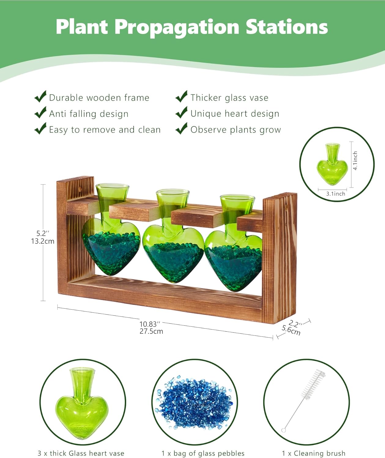 Nacome Plant Terrarium for Office Decor: Birthday Gifts for Plant Lovers Women Mom Wife - Wooden Stand Tabletop Planter 3 Bulb Glass Vase Heart Shaped for Hydroponics Indoor Home(Green)