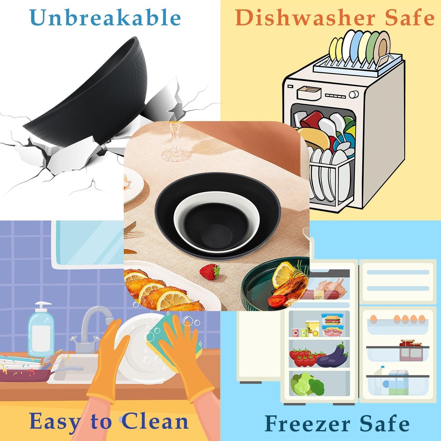 Salad Bowls Set of 6 with 3 Size,Unbreakable Wheat Straw Bowls for Kitchen,Fridge,Dishwasher and Microwave Safe Bowl for Salad,Cereal,Snack,Dessert. Classic Series