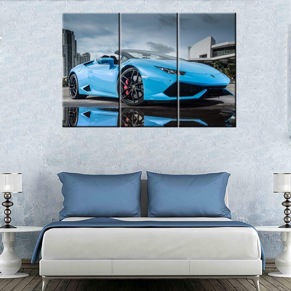 TUMOVO 3 Pieces Wall Art LP 610 4 Blue Supercar Painting Pictures Print On Canvas Car The Picture for Home Modern Decoration Stretched by Wooden Frame Ready to Hang - 40 x 20inch x 3 Panels