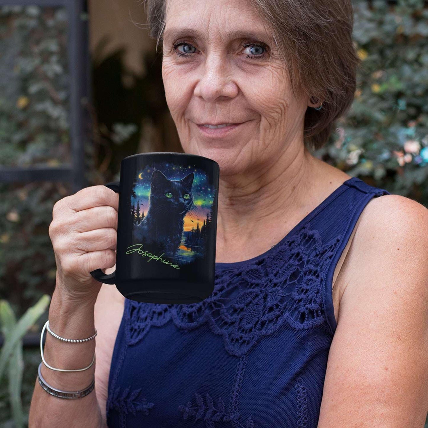 Custom Cute Cat Coffee Mug With Northern Lights, Customized Name Ceramic Mug 11oz 15oz, Beautiful Nature Scene Mug, Personalized Animal Lovers Black Cup, Gift For Pet Enthusiasts