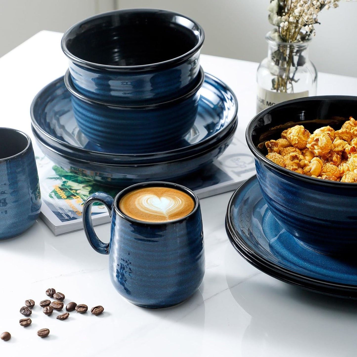 Hasense Small Coffee Mugs 8 oz, Ceramic Cappuccino Cups Set of 4, Espresso Mug with Handle for Latte, Tea, Milk and Mocha, Mini Cups for Gift, Dishwasher & Microwave Safe, Blue