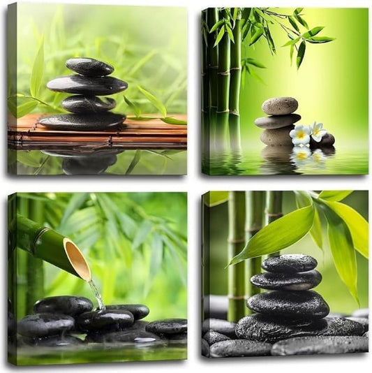 Bamdeya Bathroom Wall Decor Zen Canvas Prints Meditation Picture Painting Green Room Decor Bedroom Wall Art Living Room Yoga Spa Office Artwork Posters Prints Framed Home Decorations12x12x4pcs