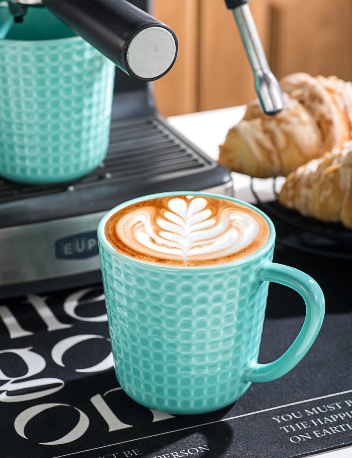 Ceramic Coffee Mugs 15 oz, Large Waffle Embossed Mug Set with Handle, Unique Coffee Cups for Latte, Cappuccino, Cocoa, Hot Tea, Mocha, Milk, Housewarming Wedding Present - Set of 6 (Turquoise)