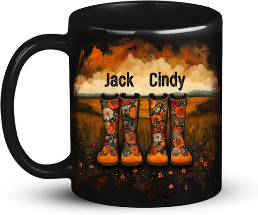Custom Couple Mug with Floral Boots Design, Personalized Name Coffee Mug 11oz 15oz, Fall Inspired Ceramic Coffee Cup, Custom Autumn Scene Black Cup, Gifts for Boyfriend, Girlfriend
