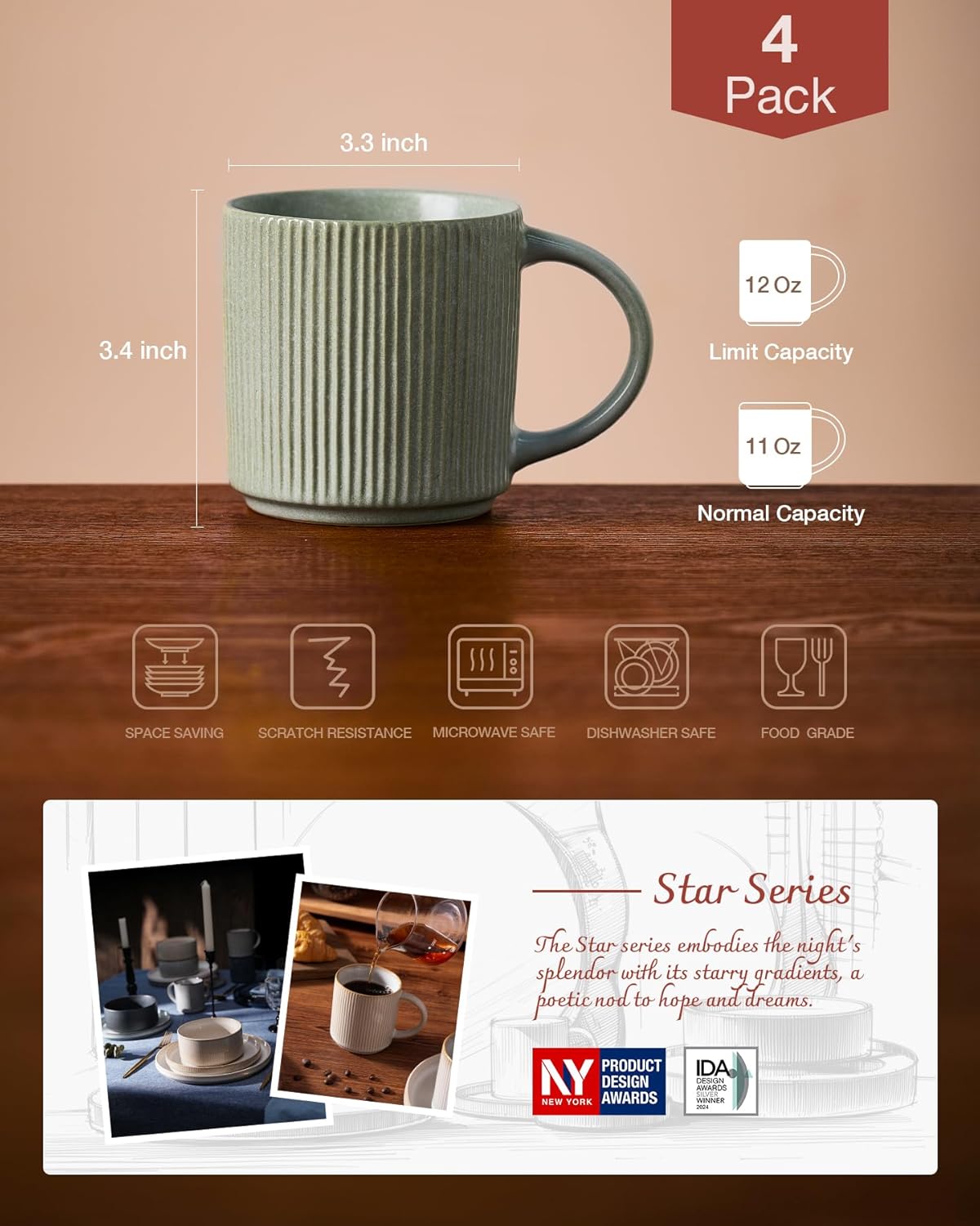 famiware Coffee Mug Set for 4, Star 12 oz Catering Mugs Cup Set with Handle for Coffee, Tea, Cocoa, Milk - Ceramic Stoneware Drinkware Set, Matte Green