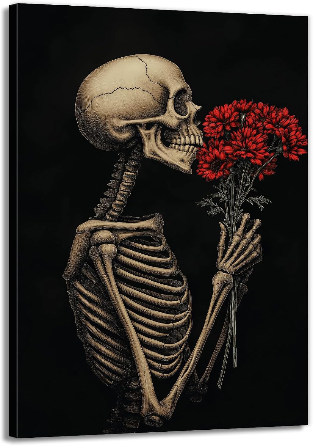 OAAPITI Red Rose Skull Wall Art Dark Themed Skeleton Painting Modern Artwork for Gothic Home Decor(Artwork-5,24"x36")