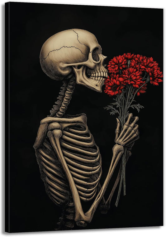 OAAPITI Red Rose Skull Wall Art Dark Themed Skeleton Painting Modern Artwork for Gothic Home Decor(Artwork-5,16"x24")