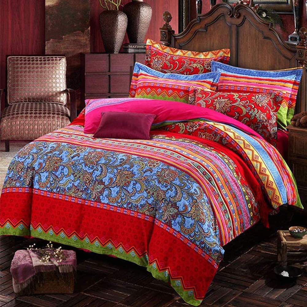 ABREEZE Bohemian Duvet Cover Set Boho Bedding Colorful Red Boho Retro Bedding Set Damask Paisley Cotton Duvet Cover Tribal Reversible Bedding Exotic Style Comforter Cover 3-Piece Cal.King
