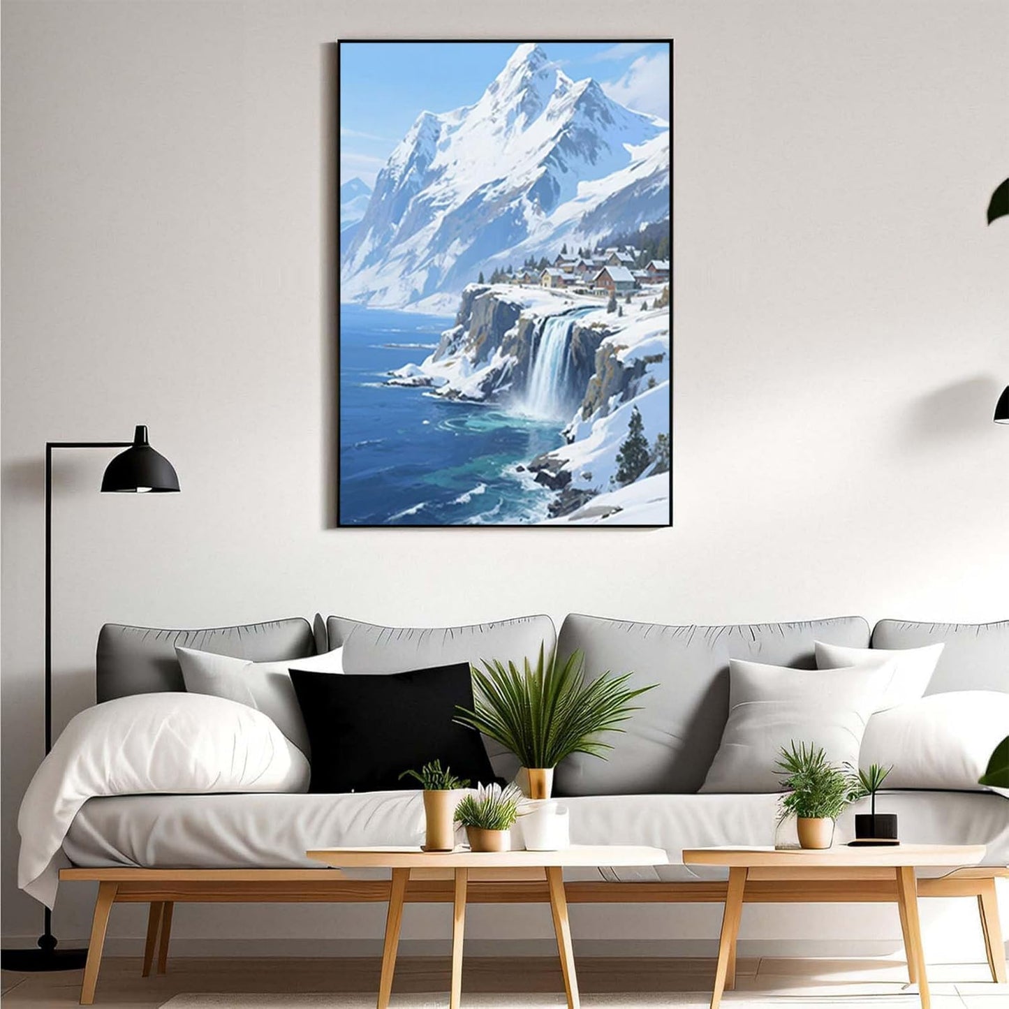Winter lakeside town and snowy scenery merge together to form a landscape poster wall art suitable for living room bedroom and office